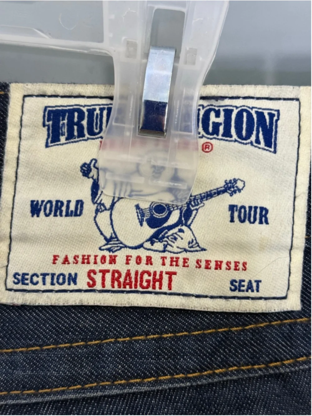 Men's True Religion Straight Leg Jeans Waist 33 Blue with Yellow Stitching